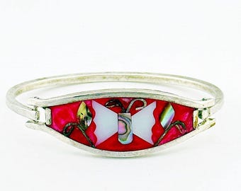 Vintage jaren 1970 Mexicaanse scharnierende manchet vlindermozaïek armband 6"