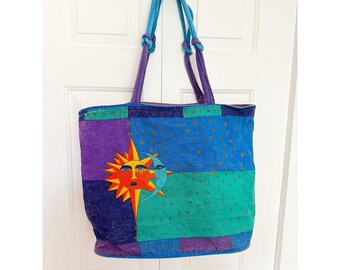 Laurel Burch Celestial Sun & Moon Canvas Tote Bag, Blue, Green  Purple
