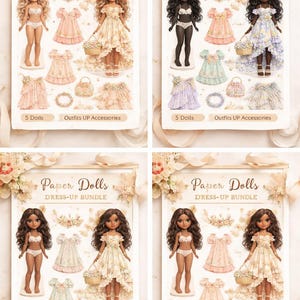 Könnte beinhalten: Papierpuppen-Anzieh-Bundle mit Illustrationen von Puppen und Outfits. Das Set enthält Puppen, Kleider, Röcke und Accessoires. Der Text auf dem Bild lautet "Paper Dolls, Dress-Up Bundle, 5 Dolls, Outfits UP Accessories."