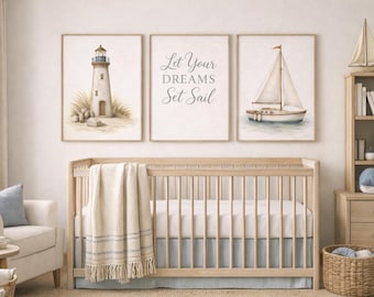 Juego de 3 láminas decorativas para habitación infantil con temática costera: "Deja que tus sueños zarpen", decoración de faro y velero, diseño unisex, descarga instantánea.