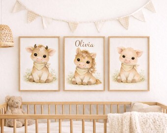 Conjunto de 3 láminas decorativas personalizadas de animales de granja para la habitación del bebé, con el nombre del bebé impreso, decoración para la habitación infantil con motivos de vaca, caballo y cerdo, unisex, regalo para baby shower, descarga gratuita.