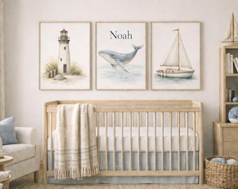Juego de 3 láminas decorativas para habitación infantil con temática costera: lámina de ballena, faro y velero. Decoración náutica para habitación infantil. Género neutro. Regalo ideal para baby shower. Descarga gratuita.