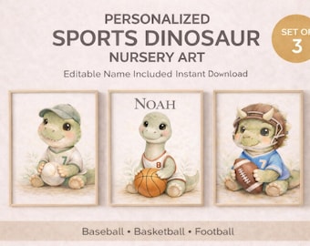 Set de 3 láminas decorativas personalizadas de dinosaurios para habitación infantil, con estampado de dinosaurios para fútbol, béisbol y baloncesto. Decoración de pared para habitación de niño. Regalo para baby shower. Descarga gratuita.