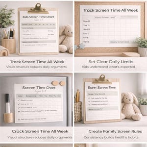 May include: A collection of screen time charts for kids aged 2-7. The charts include a weekly screen time tracker, daily limits, and reward systems. The charts are displayed on clipboards, corkboards, and a tablet.