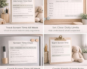 Tabla imprimible de tiempo de pantalla para niños, registro de tiempo de pantalla para niños pequeños de 2 a 7 años, reglas de tiempo de pantalla, sistema de tiempo de pantalla ganado, descarga instantánea