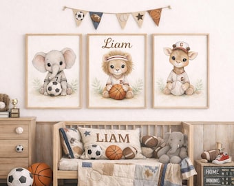 Juego de 3 láminas decorativas infantiles con temática de deportes de safari, lámina personalizada con el nombre del niño, elefante, fútbol, león, baloncesto, jirafa, béisbol, decoración para habitación infantil, descarga gratuita.