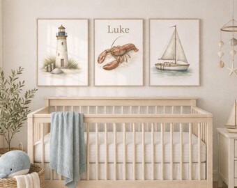 Juego de 3 láminas decorativas de langosta para habitación infantil, impresión personalizada con nombre, decoración náutica costera para habitación infantil, habitación de bebé niño, regalo para baby shower, descarga gratuita.