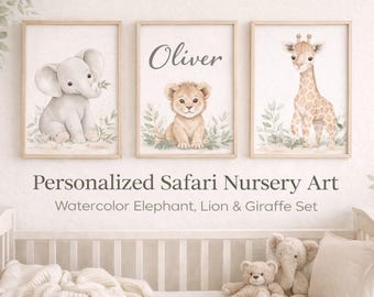 Juego de 3 láminas decorativas para habitación infantil con temática de safari, impresión personalizada con nombre, decoración de elefantes, leones y jirafas, diseño unisex, regalo para baby shower, descarga digital.