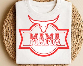 Western Longhorn Mama Shirt – Vintage Red Cow Skull Graphic Tee – Country Mom T-Shirt –