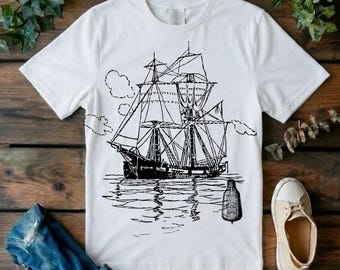 Ship Line Art T-Shirt, Minimal Boat Drawing Tee, Ocean Lover Gift, Unisex Shirt