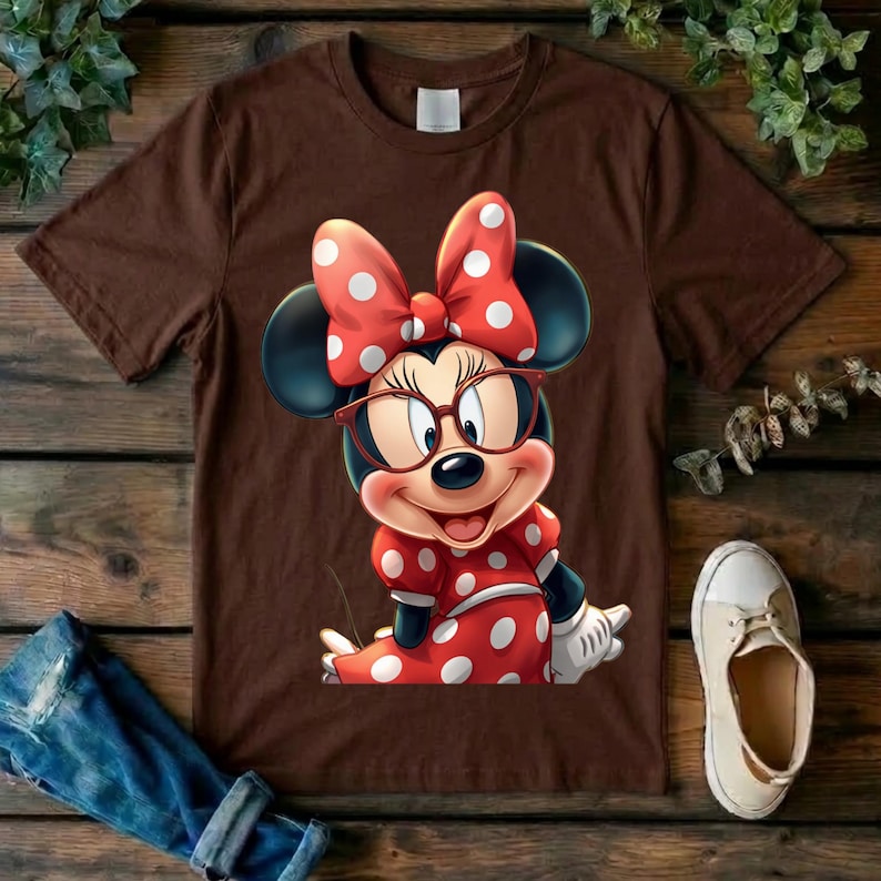May include: A brown short-sleeved t-shirt featuring a graphic of Minnie Mouse wearing red-rimmed glasses and a matching red dress with white polka dots. The character has a large red bow with white polka dots between her ears and white gloves.