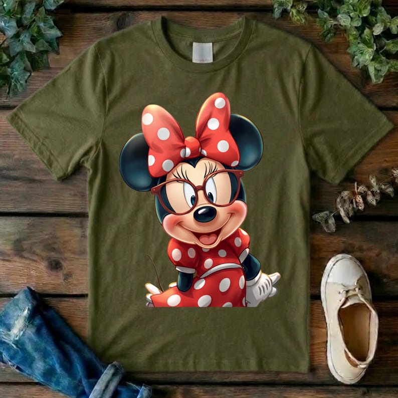 May include: An olive green short-sleeve t-shirt featuring a graphic print of a cartoon mouse character wearing red-rimmed glasses and a red dress with white polka dots, complete with a matching large red bow with white polka dots on the head.