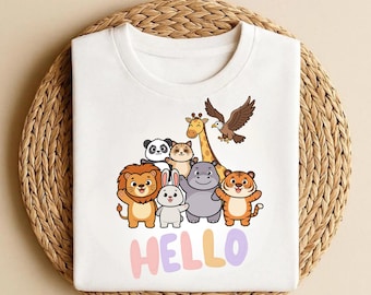 Safari Animals Kids T-Shirt – Lion Tiger Giraffe Panda Bunny Hippo Cartoon Shirt