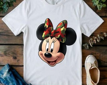 Minnie Mouse Camo Bow T-Shirt,  Cute Mouse Face Shirt, Camouflage Bow Tee, Cartoon Character Apparel, Disney