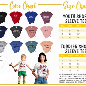 May include: Color chart showing various t-shirt colors, including black, red, and navy. Size charts for youth and toddler short sleeve tees are also displayed, with measurements in inches. The image also shows two people wearing Disney-themed t-shirts.