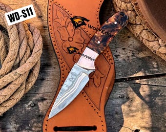 Custom Copper Damascus Steel Cowboy Knife, Western Belt Sheath, Personalized Hunting Gift