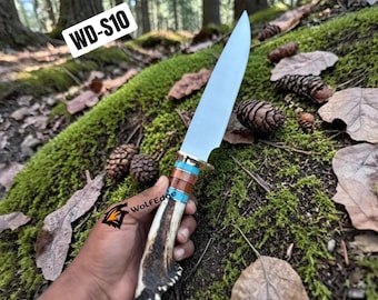 Handmade Stag Horn Handle Knife , D2 Steel Blade Hunting Knife with Leather Sheath, Custom Fixed Blade Outdoor Camping Survival Gift for Men