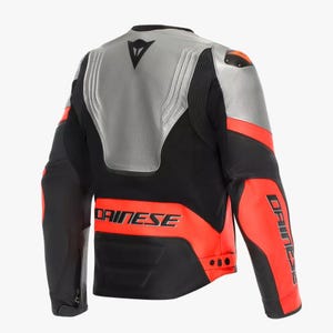 May include: Black, silver, and red motorcycle jacket with the brand name "DAINESE" in white. The jacket has a silver panel on the back and shoulders, with red accents on the sleeves and lower back.