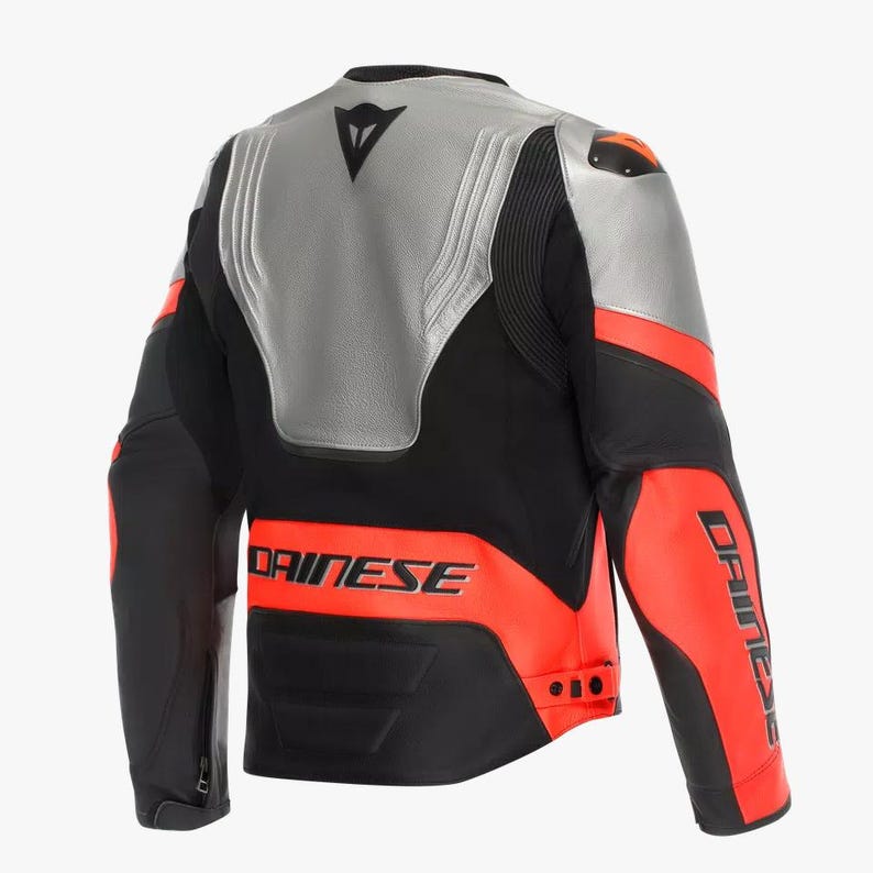 May include: Black, silver, and red motorcycle jacket with the brand name "DAINESE" in white. The jacket has a silver panel on the back and shoulders, with red accents on the sleeves and lower back.