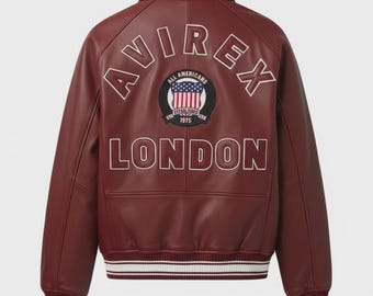 New Handmade Men’s Avirex London Leather Bomber Jacket Burgundy Varsity Flight Coat Gift for Dad