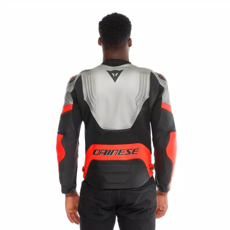 May include: Black and gray motorcycle jacket with red accents. The jacket features a silver back panel and the brand name "DAINESE" in red. The jacket has a high collar and is designed for protection and style.