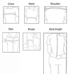 May include: A black and white diagram titled "Women's Body Measurement Guide" with illustrations showing how to measure chest, waist, shoulder, hips, biceps, and back length. The guide is designed to assist with clothing measurements.
