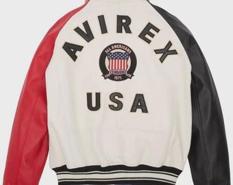 Avirex USA Tricolor Vintage Varsity Leather Jacket Genuine Cowhide Bomber Biker Streetwear Gift for Him Her