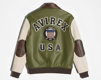 Men’s Avirex Inspired Leather Jacket Handmade Genuine Cowhide Biker Racing Jacket Vintage Streetwear Varsity Bomber Jacket for Men