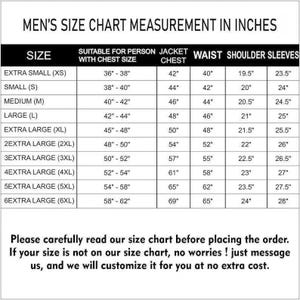 May include: A size chart in inches for men's clothing, detailing chest, waist, shoulder, and sleeve measurements. Sizes range from extra small (XS) to 6 extra large (6XL). Includes a note to read the chart before ordering and offers custom sizing.