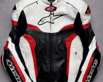 Handmade Alpinestars Motorcycle Leather Jacket | Racing Biker Jacket White Black Red Moto Riding Jacket | Men’s Sport Bike Protective Jacket