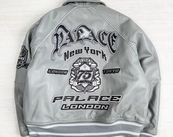 Avirex x Palace Grey Leather Bomber Jacket Genuine Cowhide Vintage Streetwear Gift For Unisex