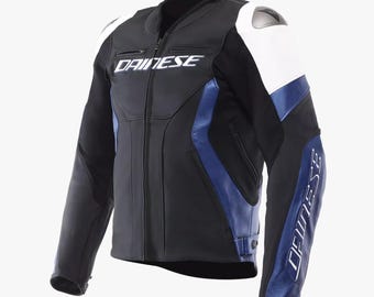 Custom made Dainese Racing Leather Motorcycle Jacket Men’s Black Blue Armored Biker Jacket CE Protection Moto Jacket Retro Sport Riding Gear