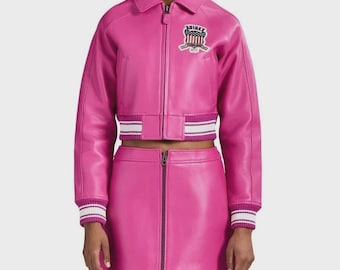 Avirex Women’s Cropped Pink Cowhide Leather Bomber Jacket & Skirt Set Streetwear Outfit gift for women girlfriend gift