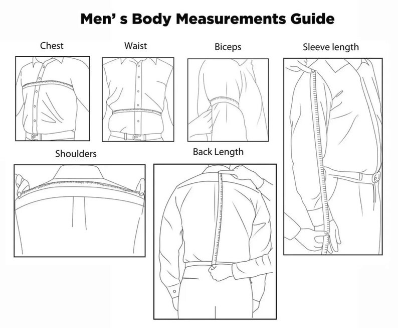 May include: A black and white diagram titled "Men's Body Measurements Guide." The guide illustrates how to measure chest, waist, biceps, sleeve length, shoulders, and back length. Each measurement is shown with a person wearing a button-down shirt.