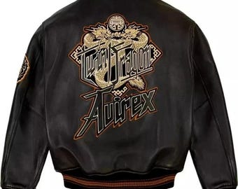 Men’s Black Avirex Dragon Leather Bomber Jacket, Limited Edition Flight Aviator Jacket, Vintage Streetwear Coat Gift for Him