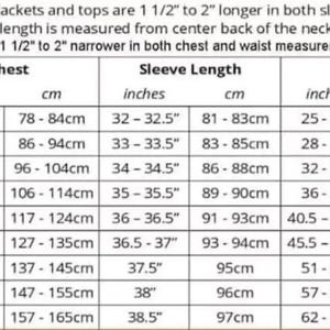May include: A size chart for jackets and tops, with measurements in inches and centimeters. Includes chest, sleeve length, and waist sizes from XS to 5XL. Text indicates tall and slim fit variations.
