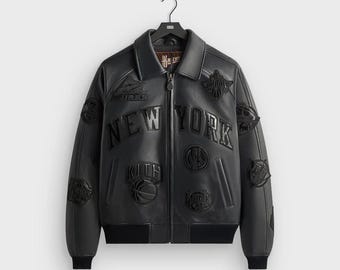 Kith x AVIREX New York Knicks Madison Square Garden Leather Jacket, Black Varsity Bomber Jacket, NYC NBA Streetwear Coat, Men’s Icon Jacket