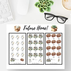 May include: A white sheet of paper with the words "Future Home!" printed on it. The paper has three sections with illustrations of keys, houses, and welcome home signs. A keyboard, glasses, and a succulent are in the background.