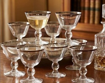Retro Platinum Rim Champagne Coupes with Ball Stems Set of 8
