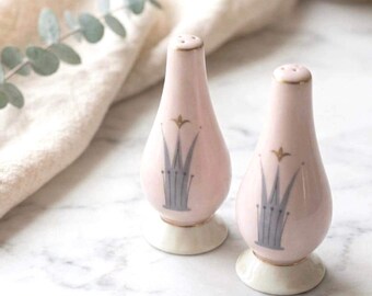 Vintage MCM Pink and Gray Salt & Pepper Shakers Atomic Crown Gold Trim Japan