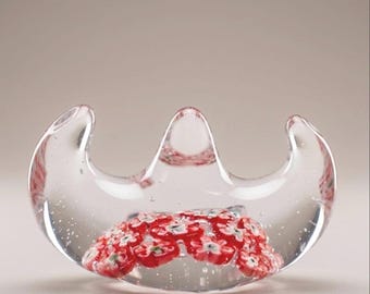 Vintage Murano Style Millefiori Crescent Paperweight – Red Floral Glass Gondola Figurine