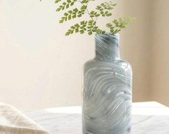 Vintage Blue Marbled Swirl Glass Statement Vase