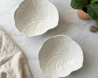 Vintage Cream Cabbage Leaf Bowls • Individual Salad & Berry Set • Set of 2