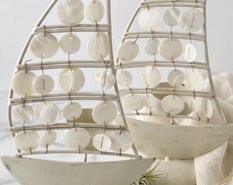 Set of 2 Nautical Sailboat Tealight Holders - Capiz Shell & Metal Coastal Decor