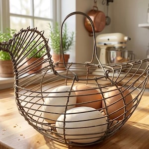 May include: A wire egg basket shaped like a hen, filled with white and brown eggs. The basket sits on a wooden countertop in a kitchen setting, with sunlight streaming in from a window in the background.