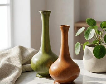 Vintage Ceramic Bud Vase Set Green and Brown USA Art Pottery Pair