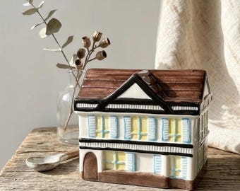 Vintage Hand Painted Ceramic Cottage Coin Bank