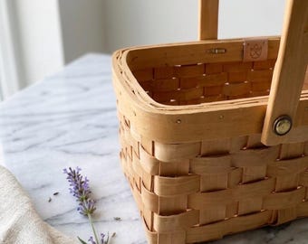 Vintage Maple Splint Gathering Basket – Handwoven Garden Trug, Copper Rivets