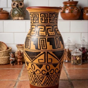 Vintage Mexican Terracotta Vase – Hand-Painted Geometric Pottery Centerpiece