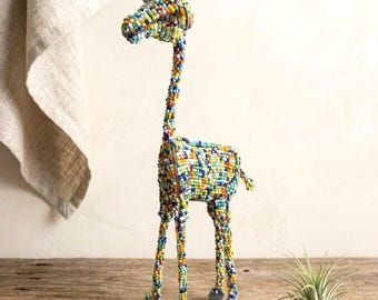 Hand Beaded African Wire Giraffe Sculpture - Colorful Safari Folk Art Figurine